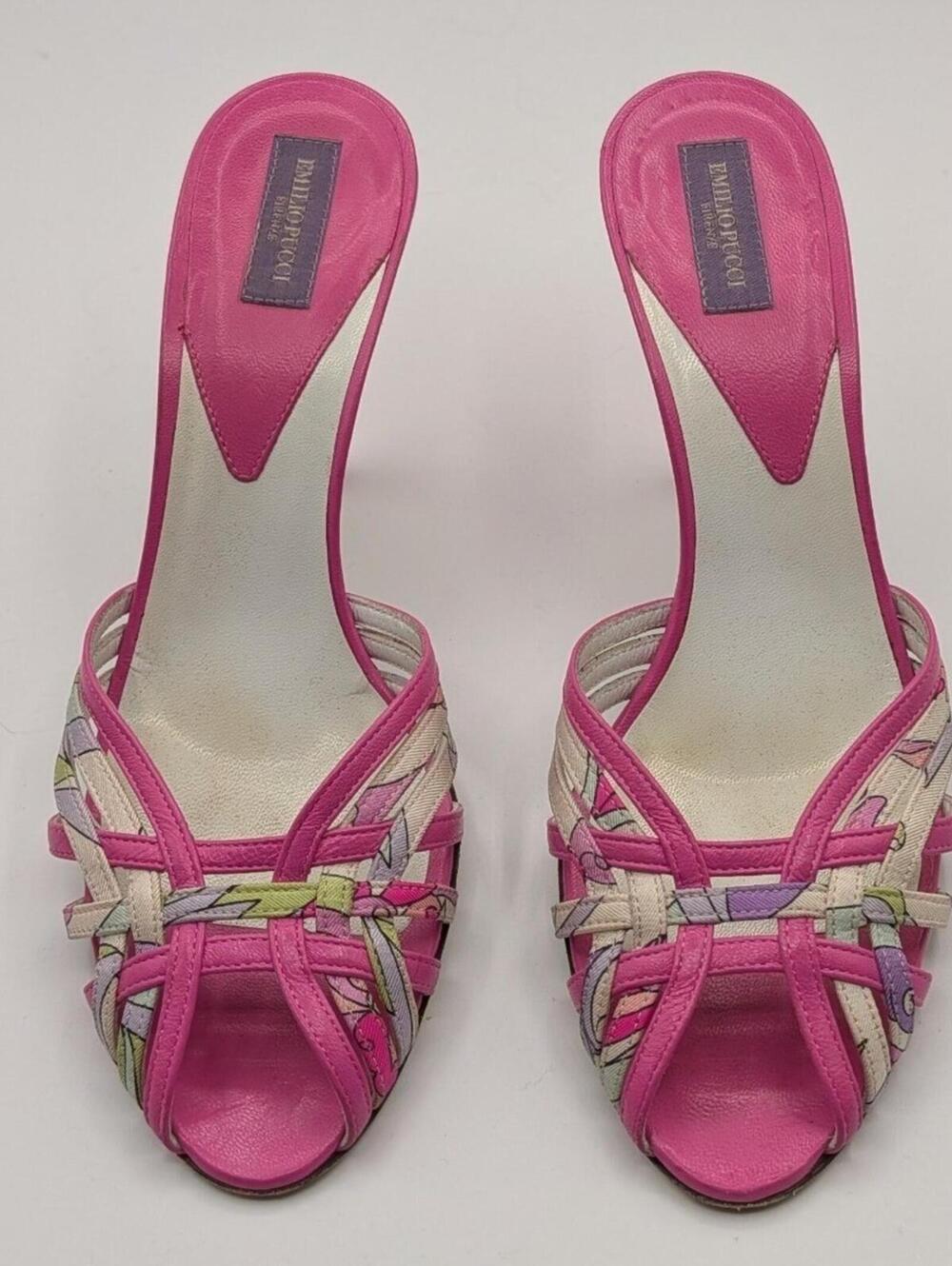 Emilio Pucci 37 EU 6.5 US Pink Leather Floral Kitten Heel Mules Made in Italy - Picture 1 of 13